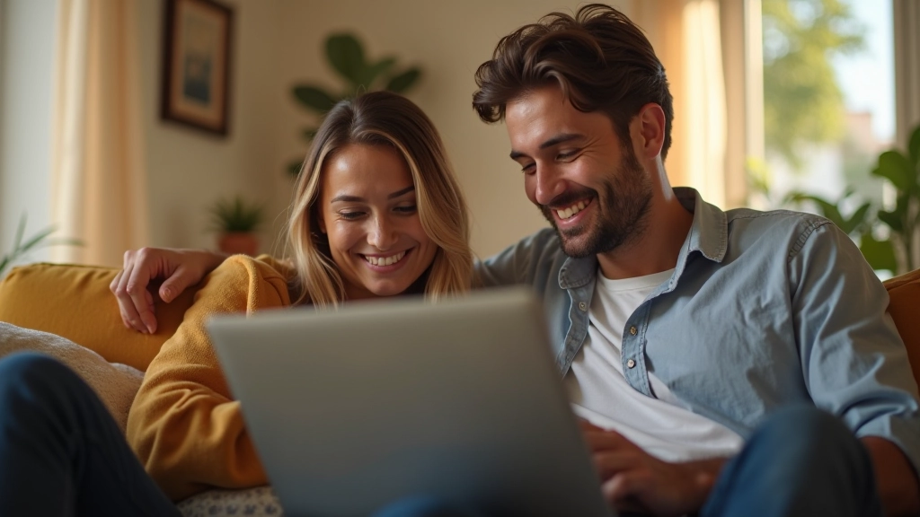Família sentada numa sala de estar, com computador portátil aberto, discutindo o orçamento mensal