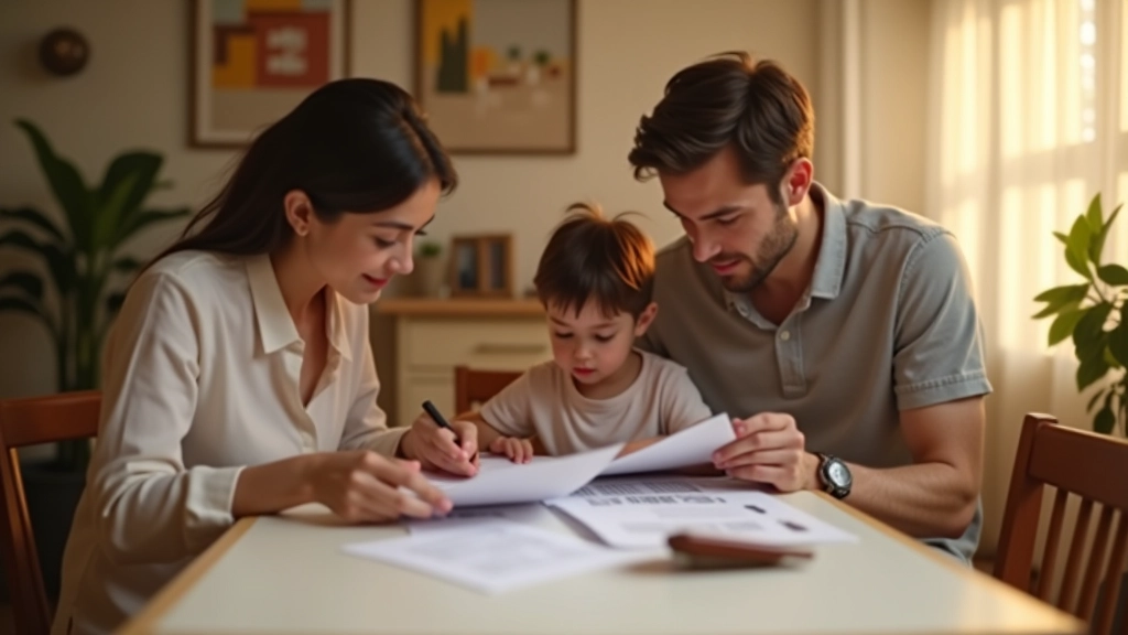 Família portuguesa sentada à mesa a planear orçamento familiar com documentos e calculadora
