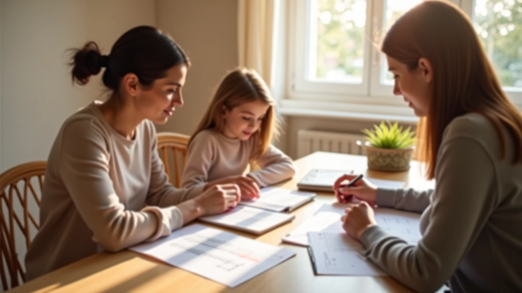 Família a discutir orçamento mensal à volta de uma mesa com cálculos escritos
