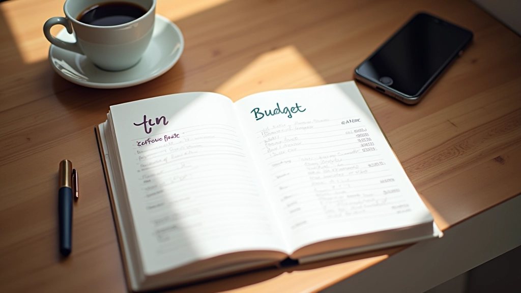 Caderno aberto na secretária com anotações manuscritas, xícara de café e telemóvel ao lado